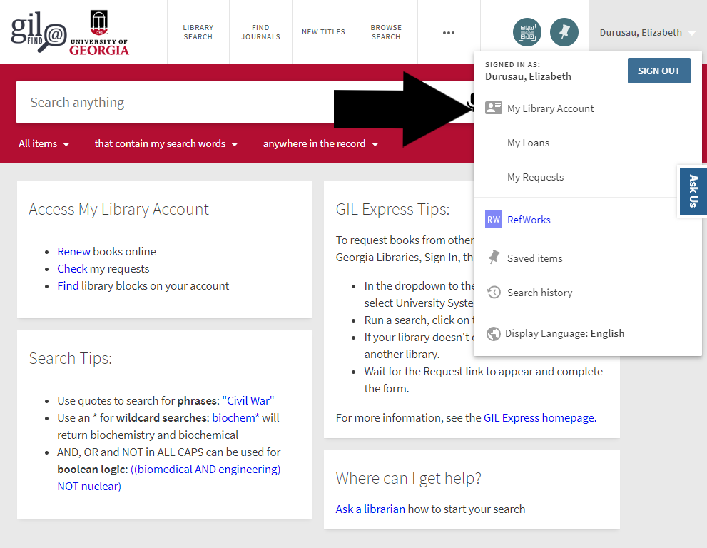 GIL Home page with arrow pointing to "My Library Account" from pull down menu